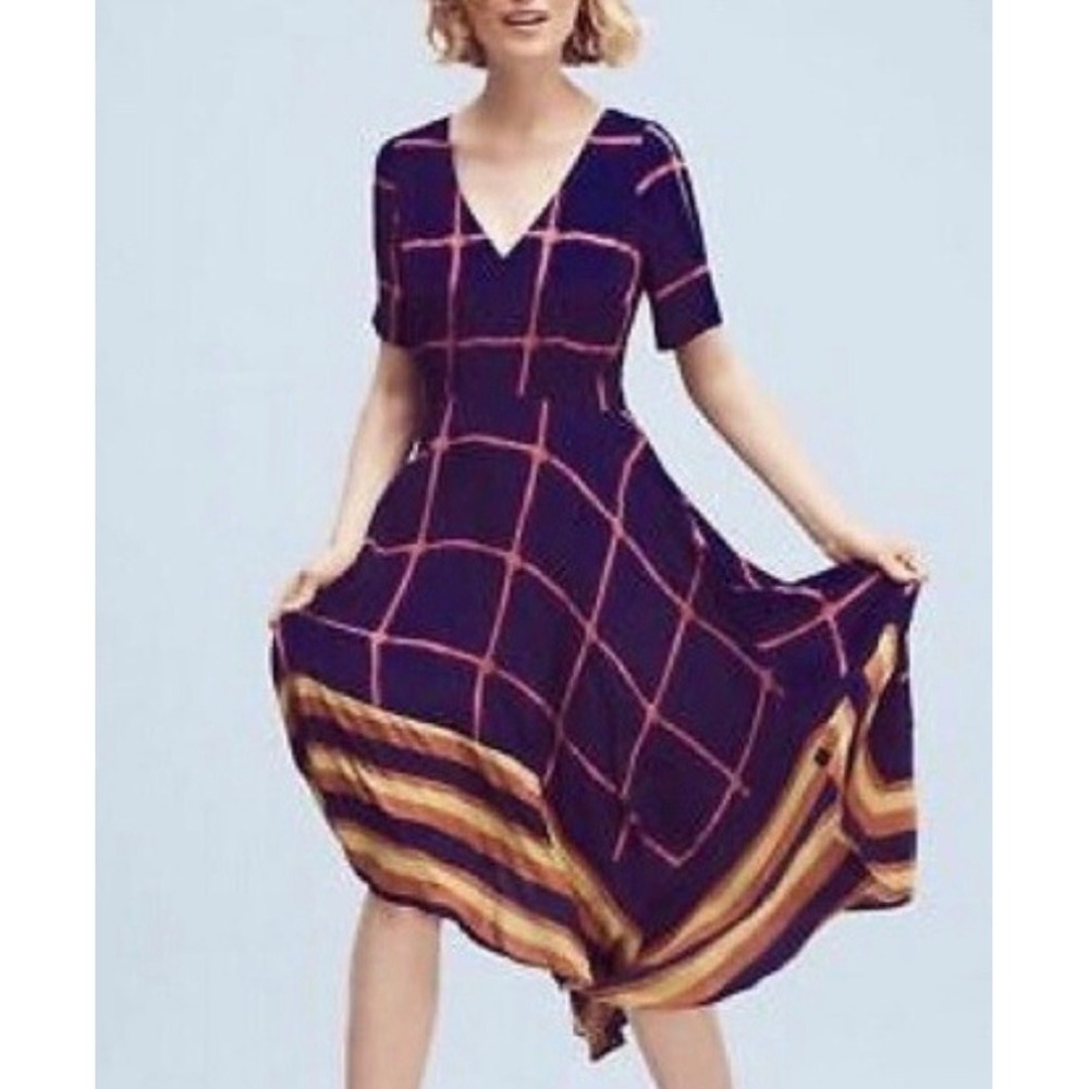 HD in Paris Anthropologie Navy Blue Pink Grid Striped Handkerchief Midi Dress 4 - Picture 2 of 6